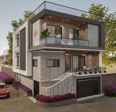 this is an artist's rendering of a two story house with balconyes and balconies