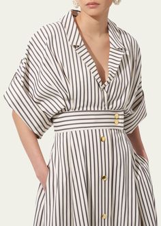 Chic Striped Belted Dress, Striped V-neck Midi Dress For Daywear, Elegant Striped Belted Dress, Striped Belted Dresses For Daywear, Elegant Striped Shirt Dress For Daywear, Striped Shirt Dress For Spring Formal, Striped Shirt Dress For Spring Formal Occasions, Spring Striped Shirt Dress For Formal Occasions, Elegant Daywear Dress With Striped Collar