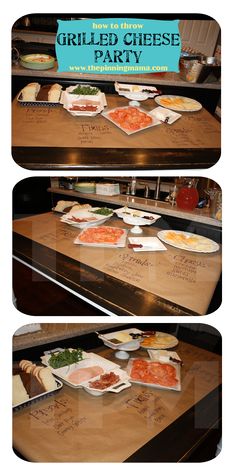 three different views of food sitting on top of a counter in front of a sign that says grilled cheese party