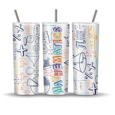 three white tumbles with colorful writing on them and straw tops in front of each other