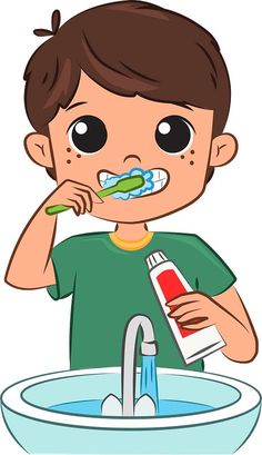 a young boy brushing his teeth in front of a sink with toothpaste on it