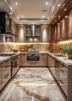 a kitchen with marble flooring and wooden cabinets