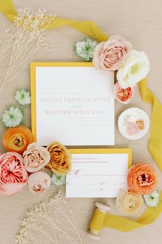 Fine Art Free Spirit Inspired Wedding Suite. Pantone Color of the Year Yellow Used for Envelopes and Silk Ribbon. Square Invitation with Modern Layout. Wedding Invitation Details, French Wedding Venues, Square Invitation, Square Wedding Invitations, Wedding Invitation Size, French Wedding, Dallas Wedding, Wedding Goals