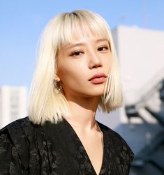 Blonde Hair With Fringe, Gay Haircut, Blonde Asian Hair, Blonde Bob With Bangs, Short Platinum Blonde Hair, Blond Beige, Bleached Eyebrows, Blonde Asian, Bleach Blonde Hair