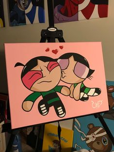 a painting of two people kissing each other on a pink background with hearts above them