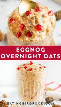 eggnog overnight oats in a glass with a spoon