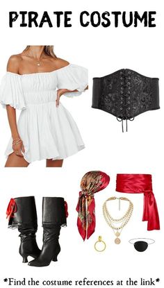 a woman in white dress and black boots with red accessories on her feet, text reads pirate costume find the costume references at the link