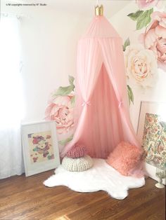 a pink canopy bed sitting on top of a wooden floor next to a white rug