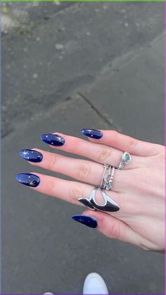 Navy Blue Swirl Nails, Royal Blue Nails With Stars, Taylor Swift Nail Ideas Midnights, Dark Blue Celestial Nails, Blue Nails With Silver Stars, Easy Star Nails, Nail Inspo With Stars, Midnight Sky Nails, Navy Nails With Stars