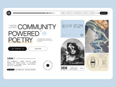 the community powered poetry website is displayed on a blue background with black and white graphics