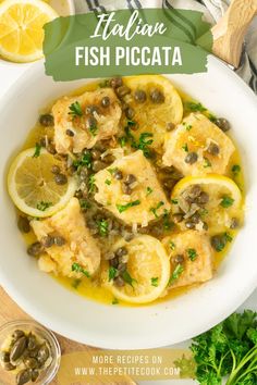 fish piccata with lemons and capers in a white bowl