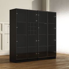 an empty room with three tall black storage cabinets