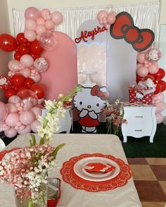 a hello kitty themed birthday party with balloons and tableware set up for an event