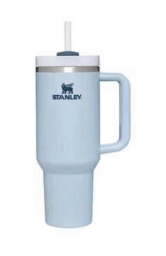 the stanley travel mug is shown in light blue