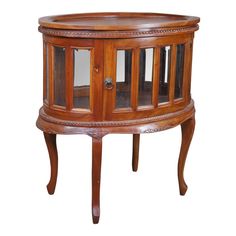 a wooden corner table with glass doors on the top and bottom shelf inlays