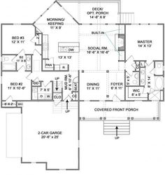 the first floor plan for a house with two master suites and an attached garage area