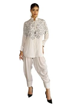 White shirt featuring geometric bead hand embroidery on the front with tie-up collar. Paired with a draped dhoti pant. - Aza Fashions Transitional Cotton Kurta With Geometric Embroidery, Beaded Shirt, Dhoti Pants, Tie Collar, Pant Sets, Set Women, Full Sleeves, Pant Set, Embroidered Shirt