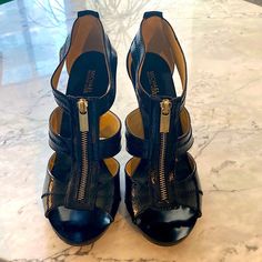 Michael Kors Berkley T-Strap sandals zip up front Party Heels, T Strap Sandals, Michael Kors Shoes, T Strap, Michael Kors Black, Salvatore Ferragamo Flats, Strap Sandals