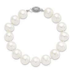 Rhodium over sterling silver 11-12mm white freshwater cultured pearl bracelet with polished finish pearl clasp. Measures approximately 7 1/4"L x 1/2"W. Classic Sterling Silver Bracelet With Round Beads, Classic White Gold Pearl Bracelet With Oyster Clasp, Classic White Gold Pearl Bracelet With Oyster Details, Formal White Sterling Silver Oyster Bracelet, Classic White Bracelets With Sterling Silver Clasp, Classic Sterling Silver Bracelet With Pearl Charm, Classic Sterling Silver Bracelet In Pearl White, Classic Pearl White Sterling Silver Bracelet, Classic Pearl White Sterling Silver Bracelets