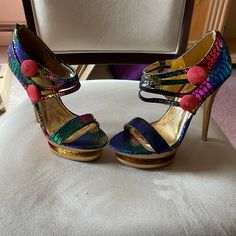 Beautiful Never Worn High Heel Platform Multi Colored Metallic! Excellent Condition! Multicolor Round Toe Heels For Party, Multicolor Round Toe Party Heels, Vibrant Open Toe Heels For Party, Multicolor Synthetic Heels For Party, Vibrant Colorful Heels For Party, Colorful Synthetic Heels For Party, Vibrant Party Heels With Round Toe, Colorful Synthetic Party Heels, Party Colorful Synthetic Heels