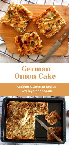 the german onion cake has been cut into squares and is ready to be eaten with a knife