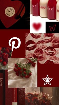 the collage has red lipstick and white flowers on it, including strawberries in a vase