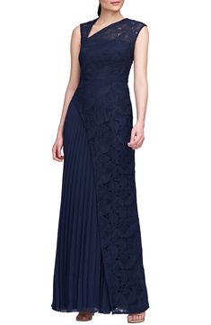 Full of elegance and charm, this gorgeous gown features a lace overlay and a gracefully moving pleated skirt. 58" length (size 8) Hidden back-zip closure Asymmetric neck Sleeveless Lined 100% polyester Dry clean Imported Kay Unger, Pleated Gown, Lace Overlay, Gorgeous Gowns, Pleated Skirt, Nordstrom, Lace, Dresses