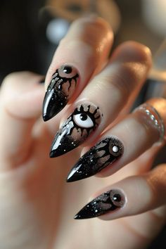 #HalloweenNails2023 #NailArt #SpookyNails #HalloweenNailDesigns #GothicNails #TrendyNails #ScaryNails #ChicHalloween #FrightfulNails #NailArtTrends Eyeball Nail Design, Eyeball Nails, Gold Nail Ideas, Scary Nails, Black Stiletto Nails, Neon Nail Designs, Copper Nails, Trendy Nail Designs