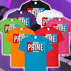 five t - shirts with the words prime printed on them in different colors and sizes