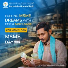 a man holding money in his hands and looking at it with the words fueling msme dreams with fast & easy loan