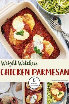 chicken parmesan in a casserole dish with the title overlay reads weight watchers chicken parmesan