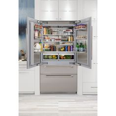 an open refrigerator with its doors wide open in a kitchen area, showing the food and drinks inside