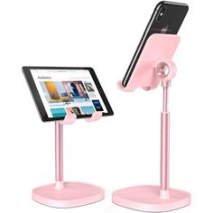 two pink tablet stands with one holding an ipad and the other holding a cell phone