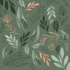 a green and gold wallpaper with leaves on the back ground, in shades of grey