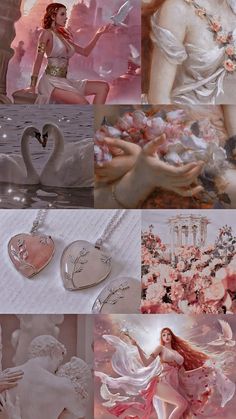 a collage of photos with hearts, flowers and swans in the middle one has a woman holding a heart