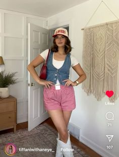 Denim vest, white t-shirt, gingham red shorts and white boots Gingham Vest Outfit, White Skirt And Denim Vest, Denim Vest White Skirt, Gingham Shorts Outfit Aesthetic, Red Gingham Shorts Outfit, Gingham Shorts Outfit, White Vest Outfit, Red Gingham Shorts, Gingham Outfit