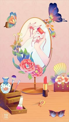 a woman's reflection in a mirror surrounded by flowers, butterflies and other items