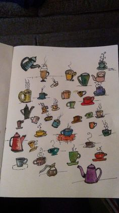 an open book with drawings of coffee cups and kettles on the pages, all drawn in colored pencil