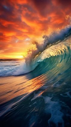 the sun is setting over an ocean wave