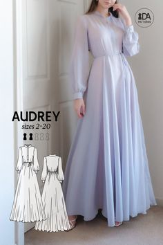 AUDREY Maxi Dress PDF Digital Sewing Pattern for Women Sizes 2-20. The absolute embodiment of ethereal elegance and sophistication all wrapped up in a mandarin-collared, bishop-sleeved, maxi-length dress 💙 AUDREY Maxi Dress PDF Digital Sewing Pattern for Women Sizes 2-20 Different Models Of Dresses, 3 Yard Dress Pattern, Old Fashioned Dress Patterns, Audrey Dress Pattern, 1800 Dress Patterns, Sewing A Line Dress, Maxi Dress With Sleeves Pattern, Modest Dresses Patterns, Long Summer Dress Pattern