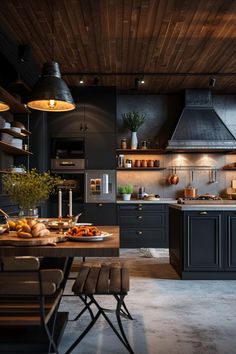 a kitchen with dark cabinets and wooden ceilinging is pictured in this image, there are lights hanging from the ceiling