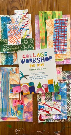 the collage workshop for kids is displayed on a wooden table with paper and scissors