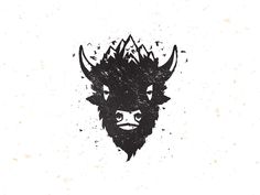 a bison head with mountains on it's back and the words buffalo written in black ink