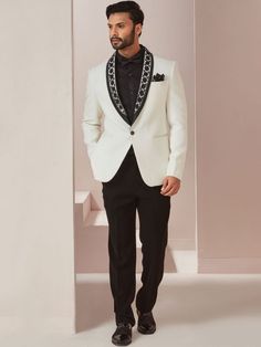 Indian Men Clothing - Buy Traditional Indian Outfits For Men Online USA White Cocktails, Indian Man, Blazer Shirt, Black Trousers, Thread Work