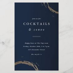 an elegant navy blue and gold cocktail party card