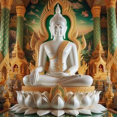 a white buddha statue sitting on top of a green and gold floor next to pillars