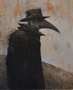 a painting of a black bird wearing a hat