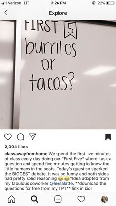 an instagramted photo with the caption first burritos or tacos?