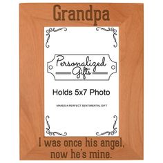 A Grandpa remembrance frame is a heartfelt bereavement gift to fondly remember a family member or friend with a photo. Made from real wood, this natural frame will have its own unique coloration and wood grain pattern. Therefore, product may vary slightly in appearance from image shown. Frame includes a glass front and can be displayed hanging or standing with built in hook and easel. This beautifully crafted picture frame is designed and engraved in the USA. You have chosen a 5 inch by 7 inch p Grandpa Memorial, Memories Frame, Farmhouse Photo Frames, Memory Frame, Personalized Grandma Gifts, 4x6 Picture Frames, Laser Engraved Wood, Portrait Pictures, Picture Frame Shop