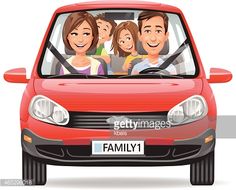 a red car with four people sitting in it